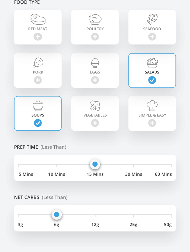 Food type filters and net carb sliders in the Ruled.me app