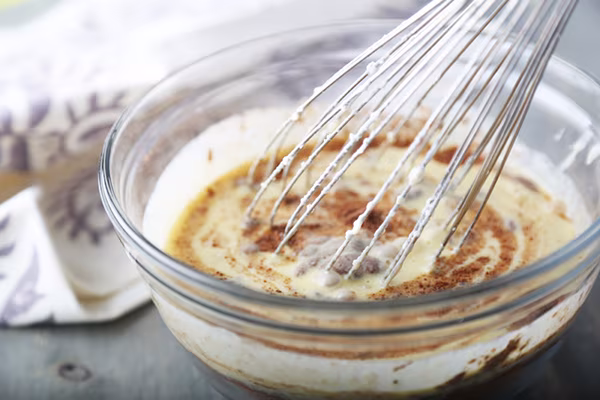 Whisking dark cocoa powder into the wet cream cheese and egg batter in a glass bowl
