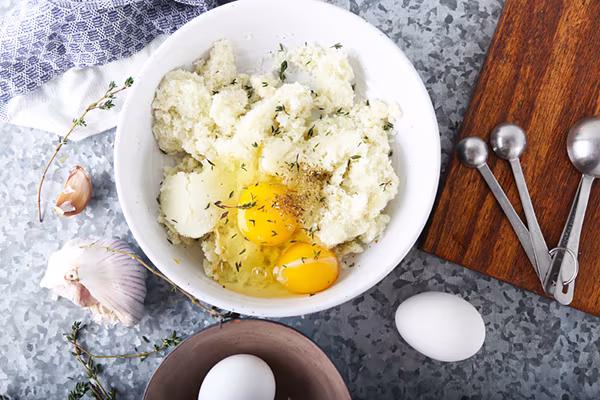 Squeezed-dry cauliflower, eggs, garlic, and fresh thyme mixed in a white bowl