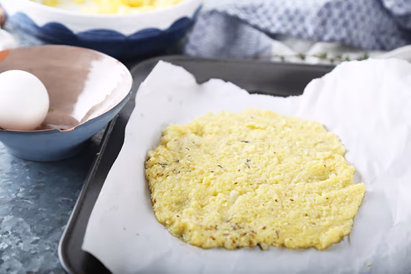 Cauliflower wrap dough pressed into a thin round on a parchment-lined baking sheet