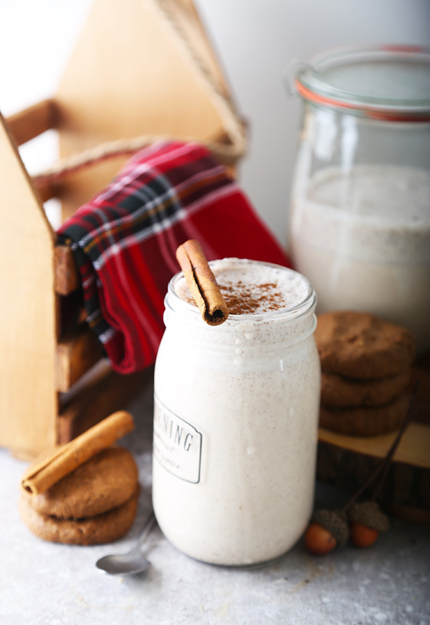Keto eggnog served in a mason jar with a cinnamon stick and ground cinnamon on top
