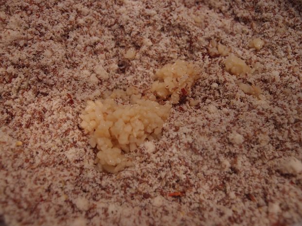 Minced garlic dropped into the almond flour and flaxseed meal dry mixture