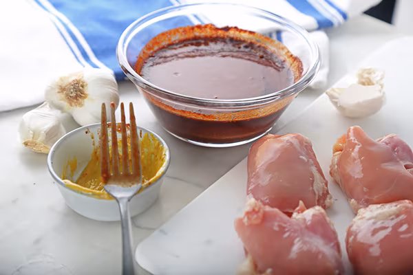 Keto BBQ sauce with tomato paste, mustard, and spices next to raw chicken thighs