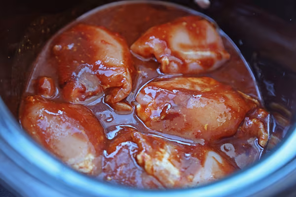 Chicken thighs submerged in keto BBQ sauce inside the slow cooker