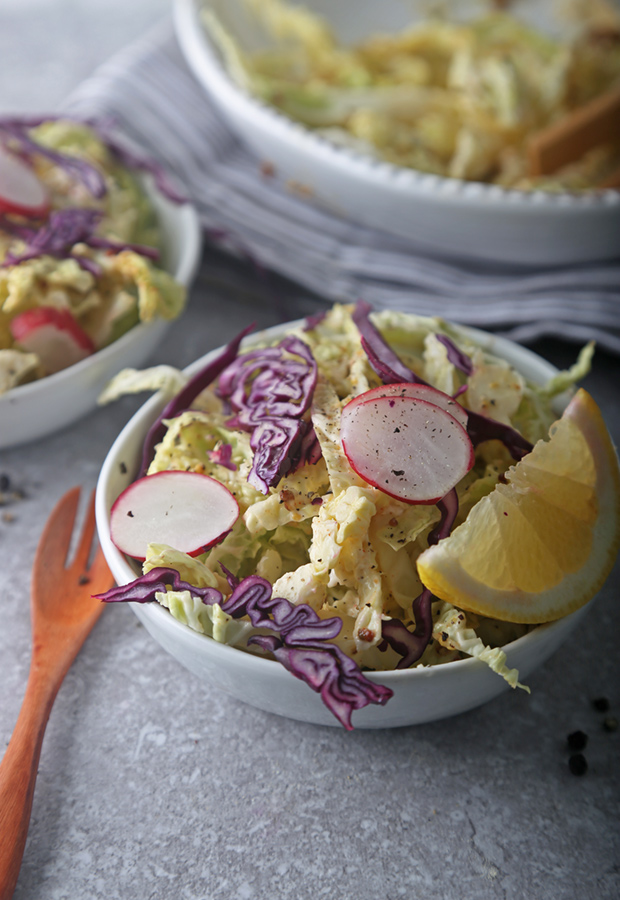 Coleslaw with green and red cabbage, sliced radishes, and a lemon wedge in a white bowl
