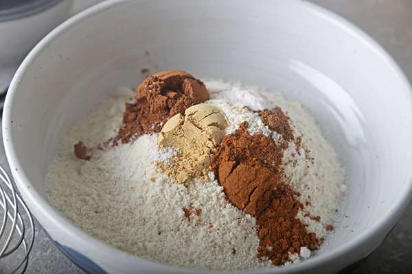 Coconut flour, cocoa powder, ground ginger, and cinnamon measured into a white bowl
