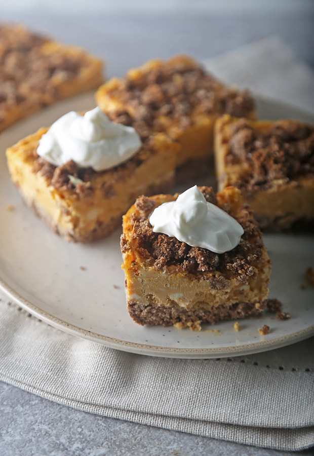 Sliced gingerbread pumpkin cheesecake bars with whipped cream on a plate
