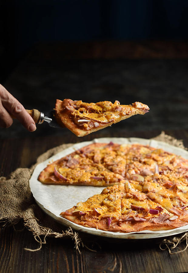 Apple & Ham Flatbread - Low carb and keto recipe uses a cheese and almond flour crust. Only 4 net carbs per serving!