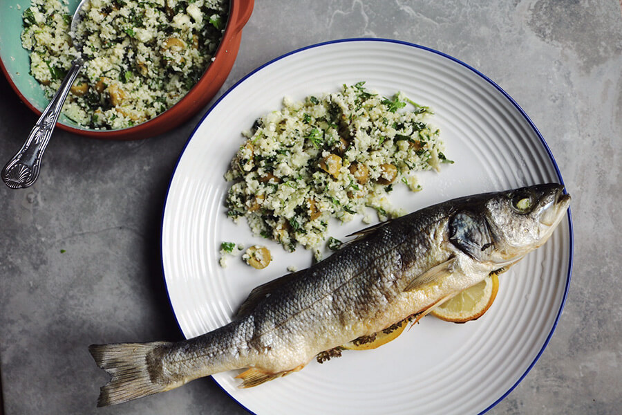 Baked Sea Bass with Herb Cauliflower Salad