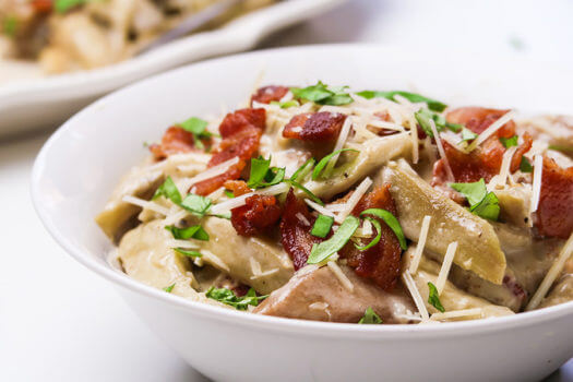 Click to see the recipe for Eggplant and Bacon Alfredo
