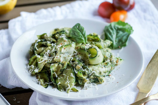 Zucchini Ribbons with Avocado Walnut Pesto