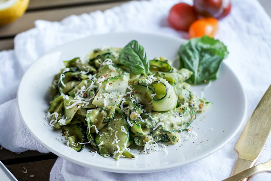 Zucchini Ribbons & Avocado Walnut Pesto