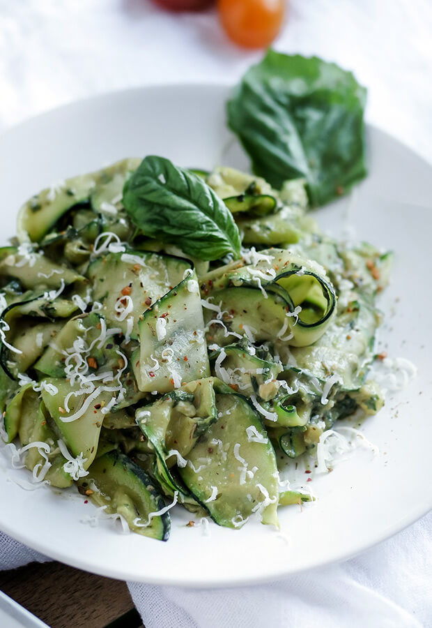 Zucchini Ribbons with Avocado Walnut Pesto