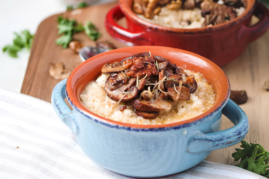 Roasted Mushroom and Walnut Cauliflower Grits