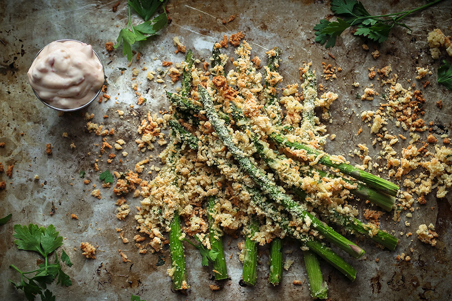 Asparagus Fries with Red Pepper Aioli