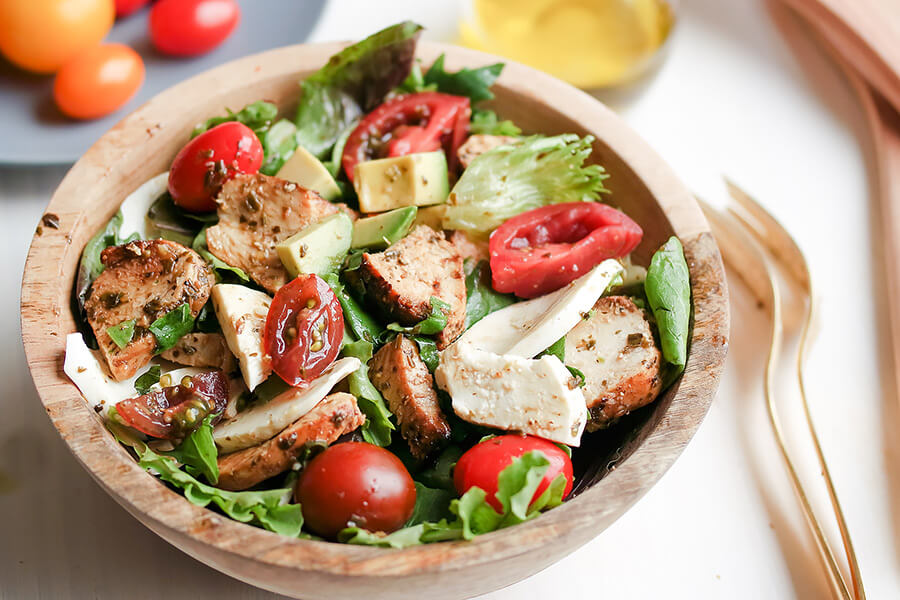 Marinated Pesto Chicken Salad with Basil Balsamic Vinaigrette