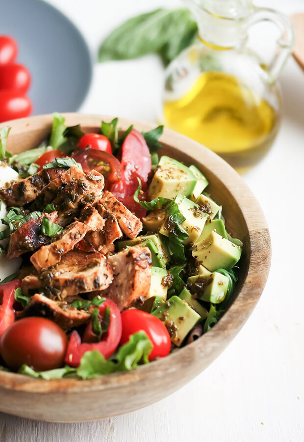Marinated Pesto Chicken Salad with Basil Balsamic Vinaigrette