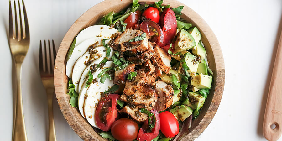 Marinated Pesto Chicken Salad with Basil Balsamic Vinaigrette