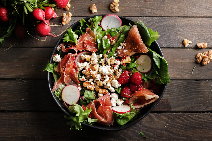 Prosciutto and Goat Cheese Salad with Raspberry Vinaigrette