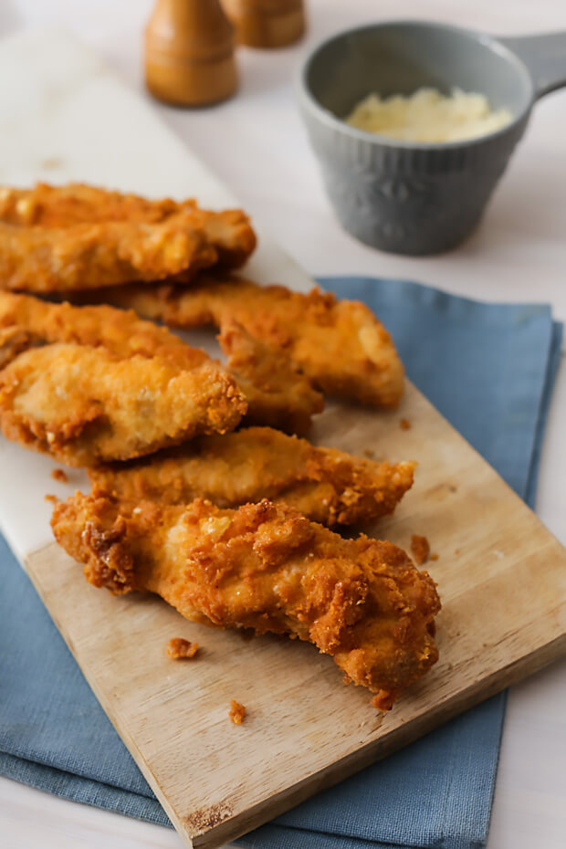 Golden brown keto chil-fil-a style chicken tenders.