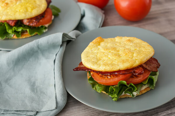 Making the cloud bread BLT sandwiches. 