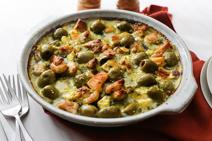 Keto Pesto Chicken, Feta, and Olive Casserole