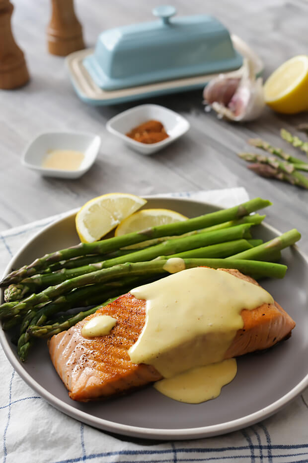 Plated recipe with sauce drizzled on top.