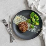 Beef Burgers with Cream Sauce and Broccoli Featured