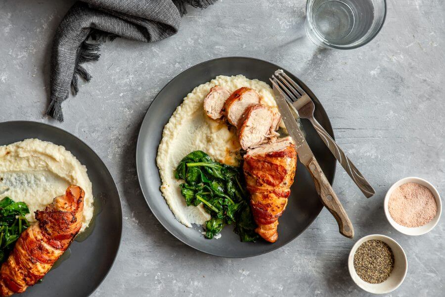 Keto Bacon Wrapped Chicken with Cauliflower Puree
