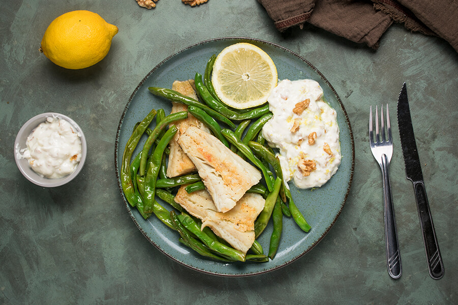 Fried Cod with Green Beans & Yogurt Dip