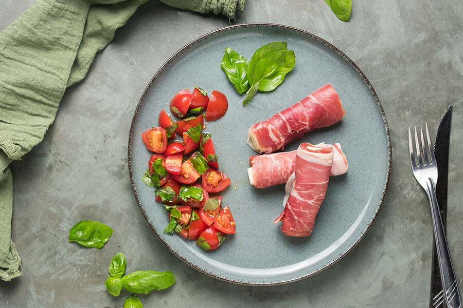 Proscuitto Wrapped Mozzarella with Tomato Salad