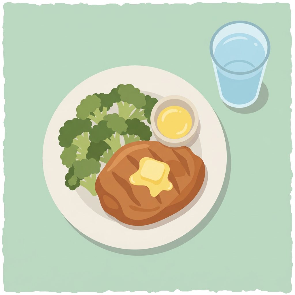 grilled chicken thigh with melted butter, broccoli and ramekin on plate beside glass of water