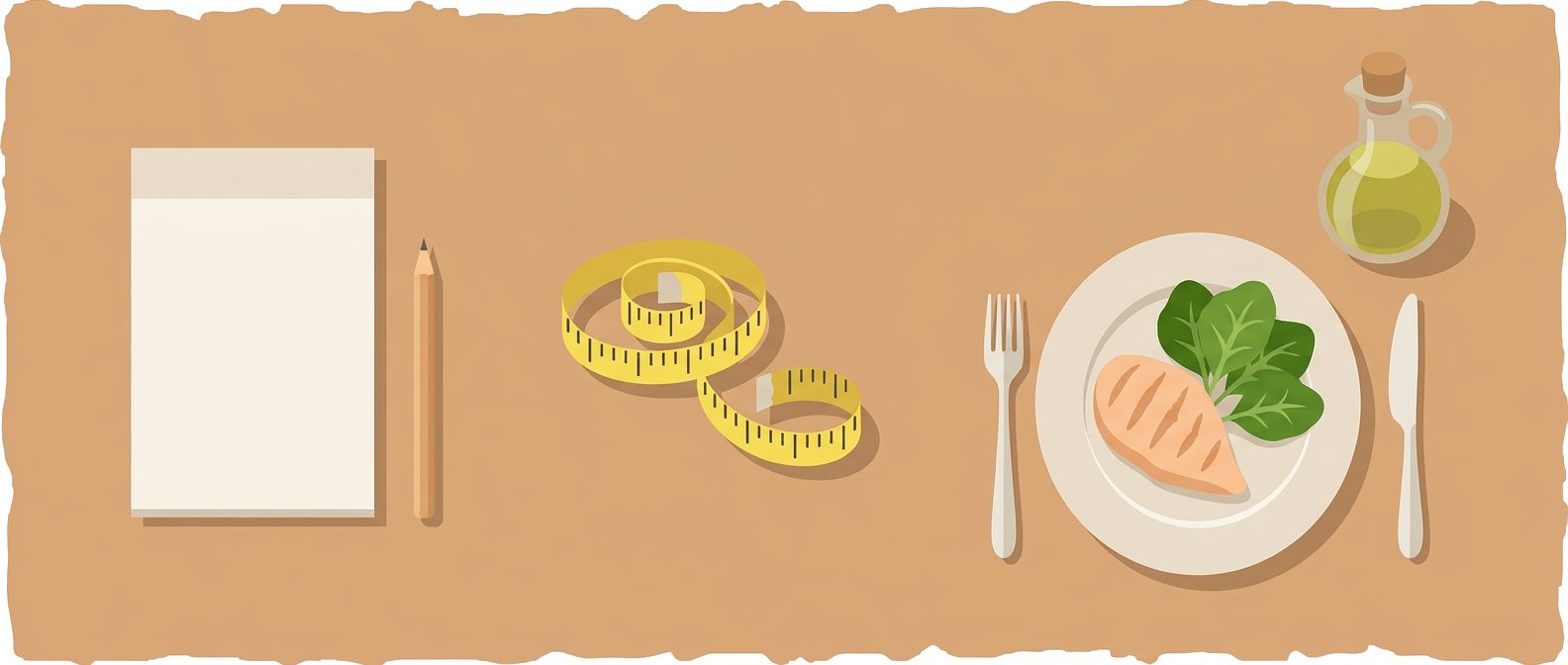 notepad with pencil, measuring tape, plate with chicken and greens, olive oil cruet