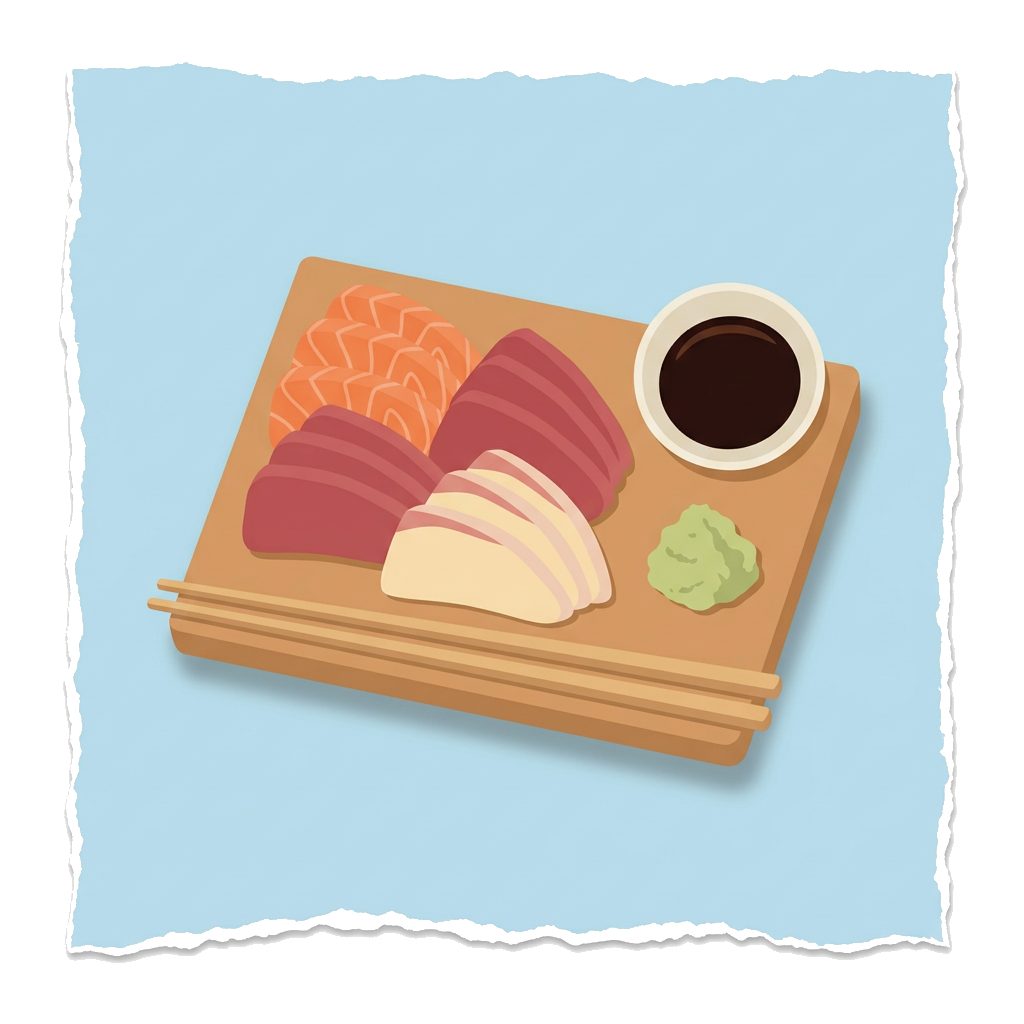 sashimi platter with salmon, tuna, and yellowtail on wooden board with soy sauce and wasabi