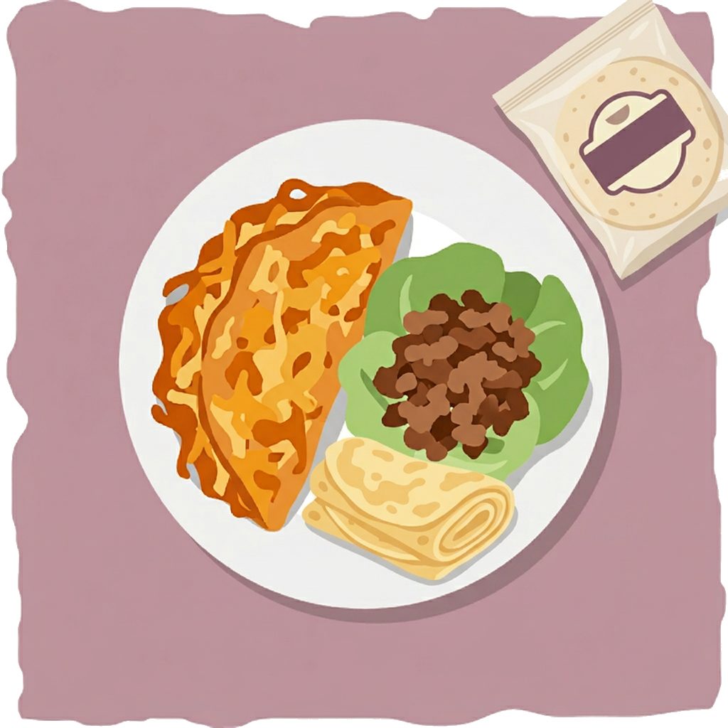 cheese taco shell, ground beef lettuce cup, egg crepe wrap and tortilla package on plate