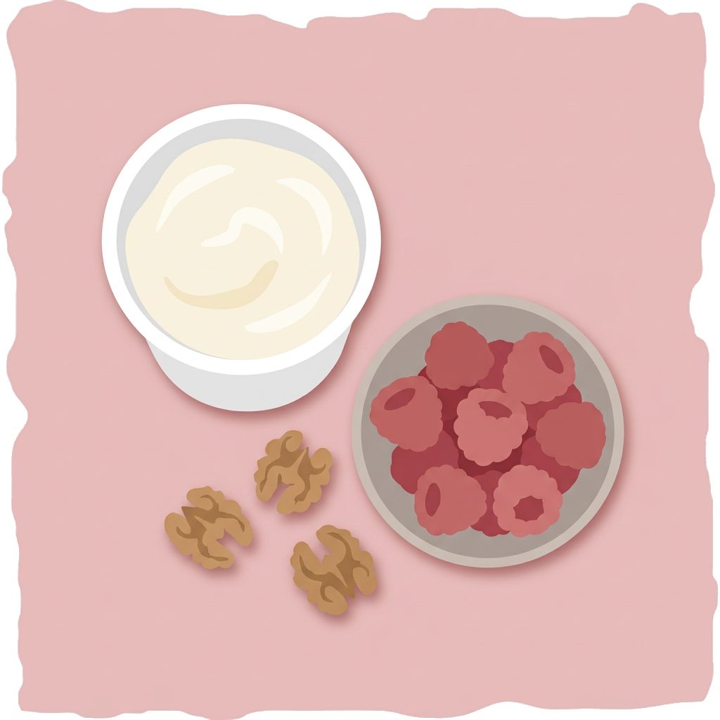 yogurt tub with raspberries and walnut halves