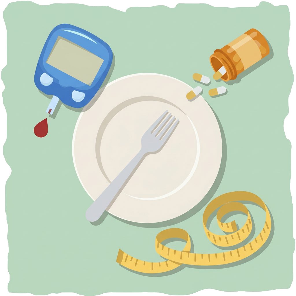 blood glucose meter with test strip, pill bottle with capsules, dinner plate with fork and measuring tape