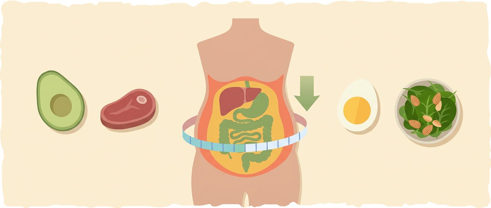torso silhouette with organs and measuring tape, avocado, steak, egg and spinach salad