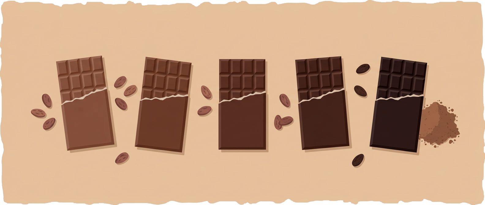 five dark chocolate bars from light to dark with cocoa beans and powder