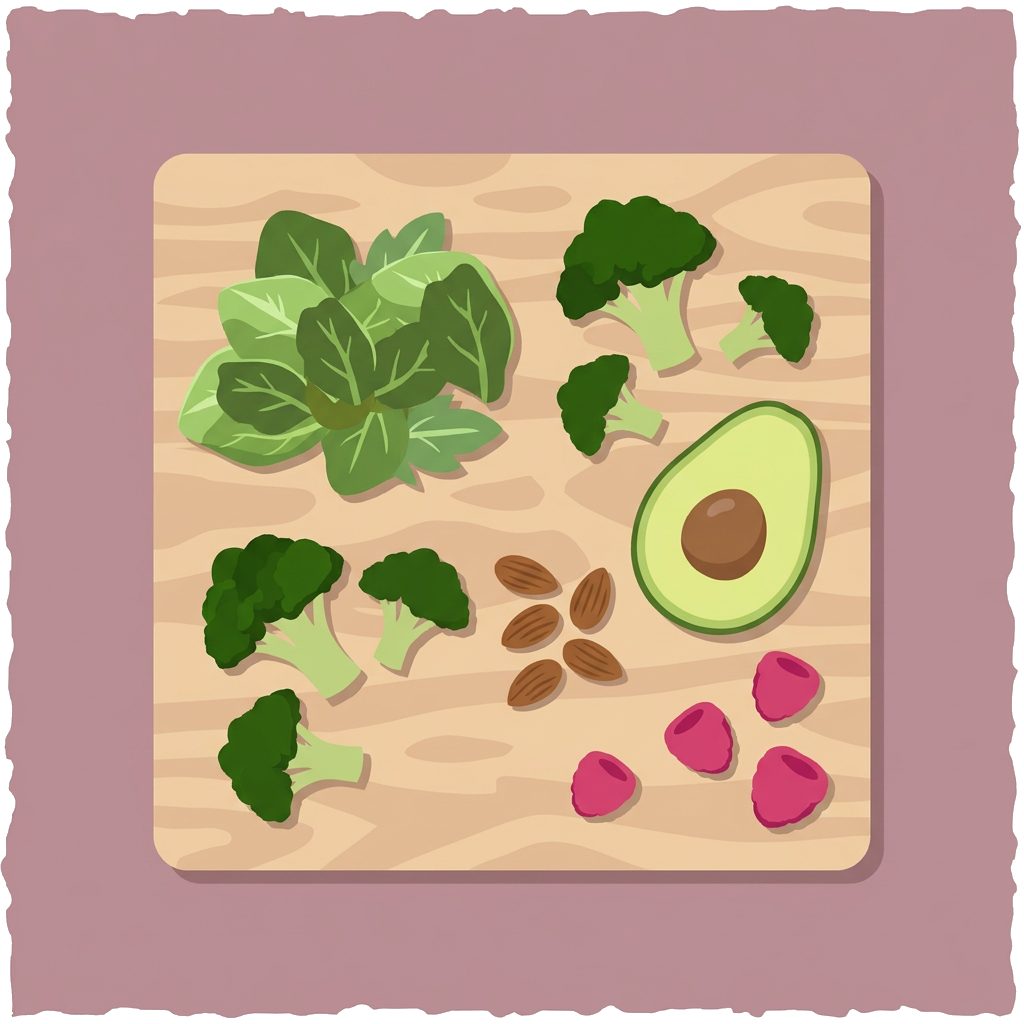 cutting board with spinach leaves, broccoli florets, avocado half, almonds and raspberries