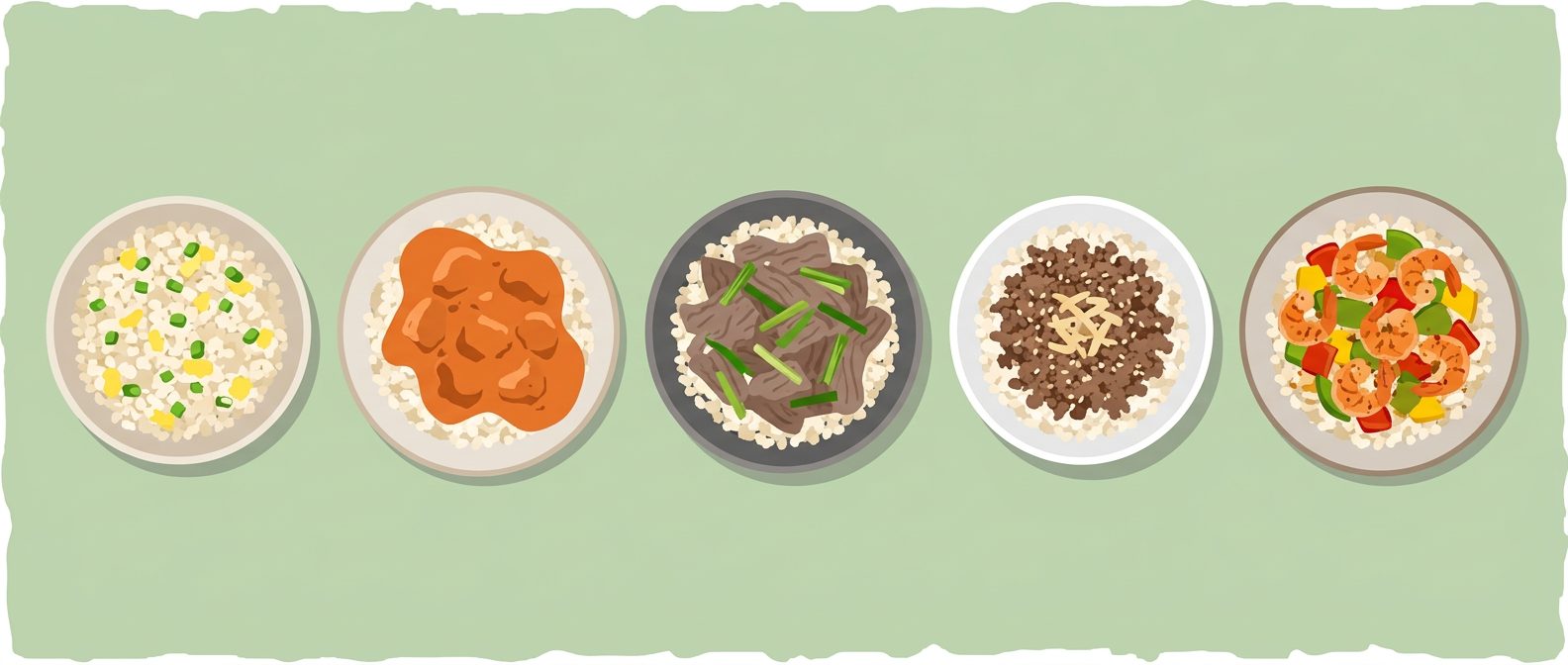 five plated cauliflower rice dishes with fried rice, butter chicken, beef and shrimp