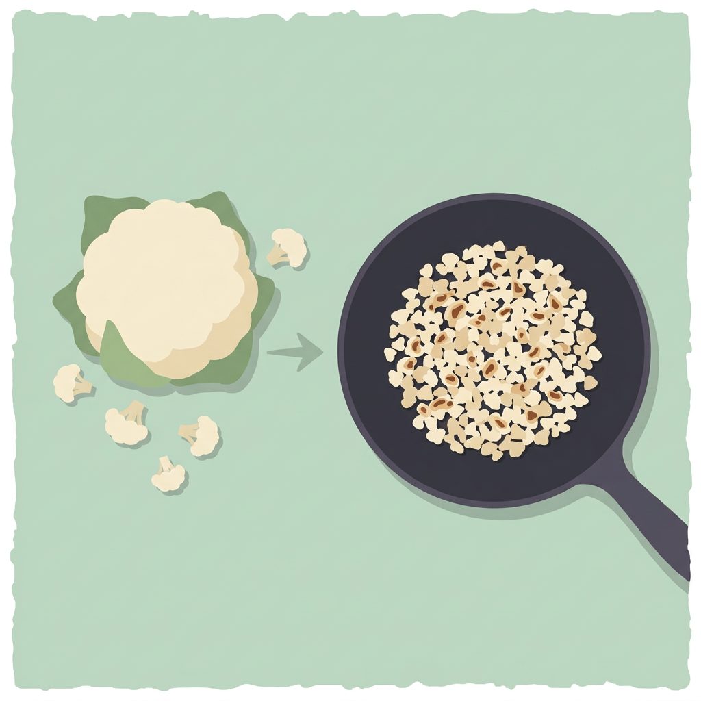 whole cauliflower head with arrow pointing to skillet of seared riced cauliflower