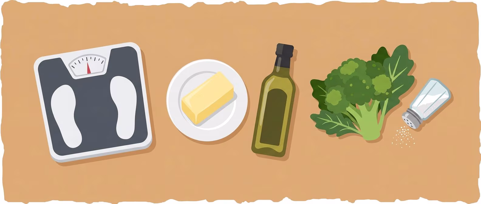 bathroom scale, butter on plate, olive oil bottle, broccoli with greens, salt shaker tipped over