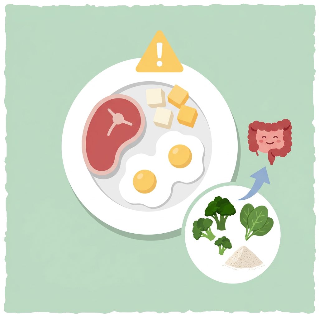 plate of meat, eggs and cheese with caution sign and vegetable solution inset