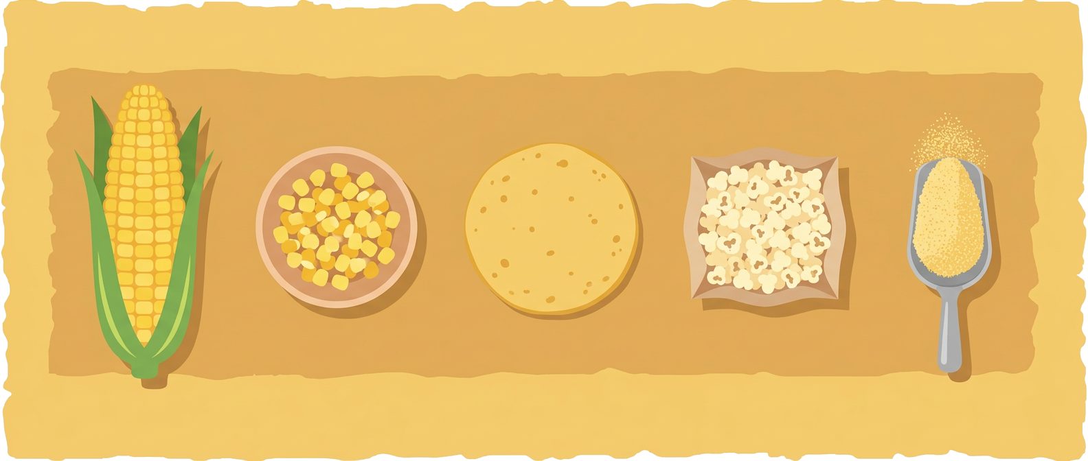 ear of corn, bowl of kernels, tortilla, popcorn bag and cornmeal scoop