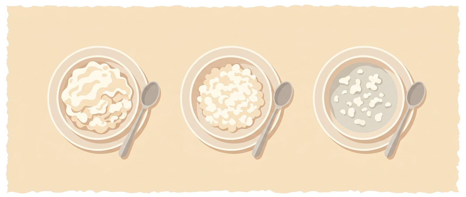 three bowls of cottage cheese with spoons showing decreasing richness