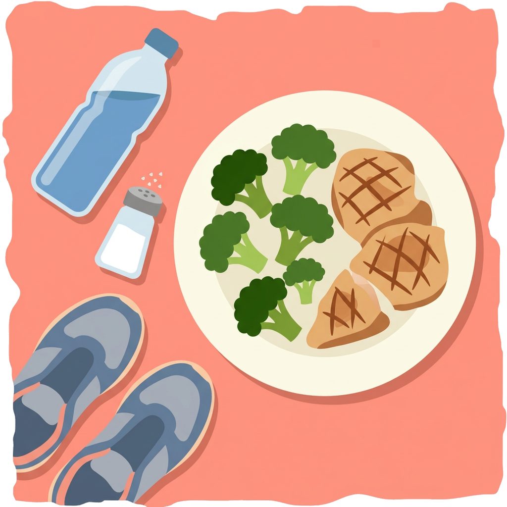 plate of grilled chicken and broccoli, water bottle, salt shaker, running shoes