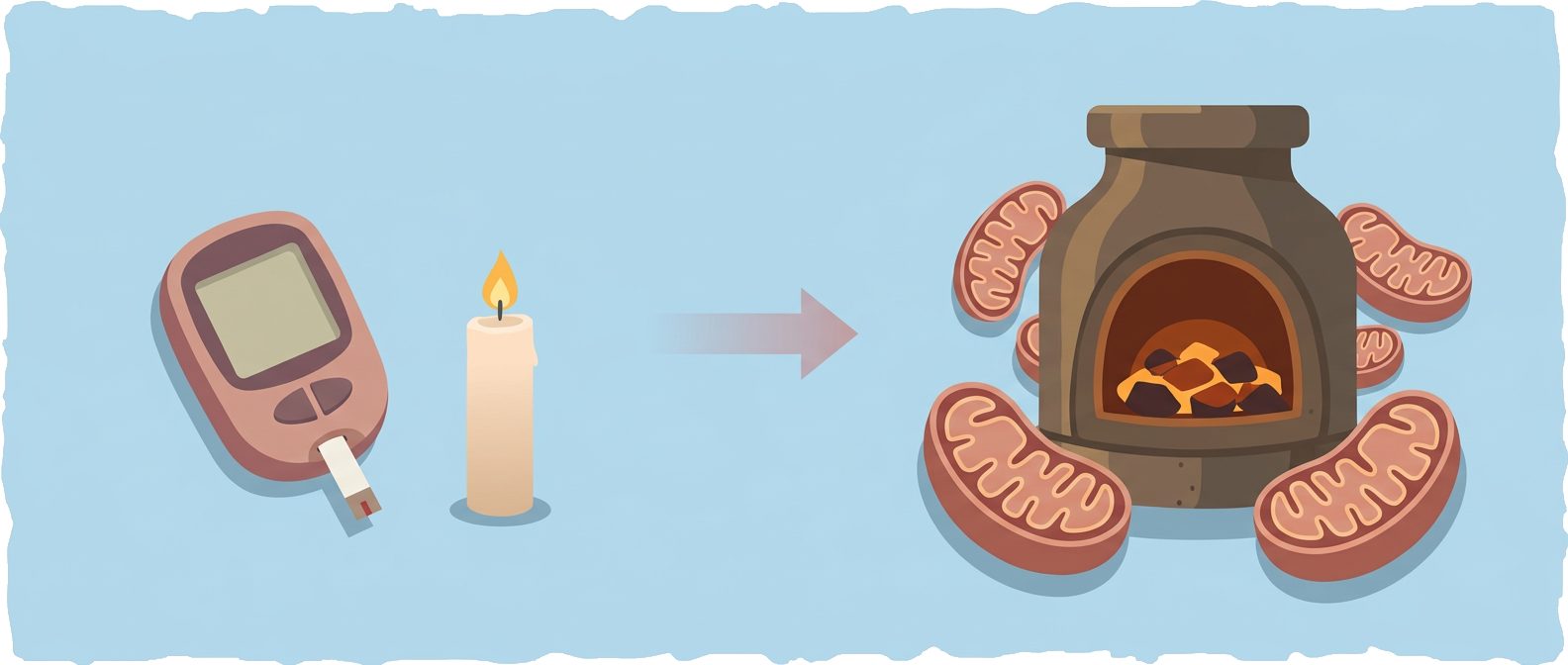 blood ketone meter and candle with flame, arrow pointing to furnace with coals surrounded by mitochondria