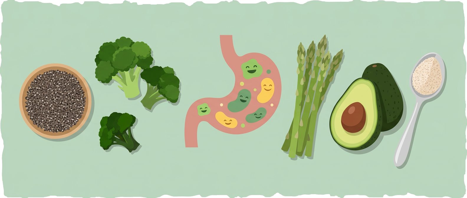 broccoli, chia seeds, psyllium husk, asparagus and avocado around gut with bacteria