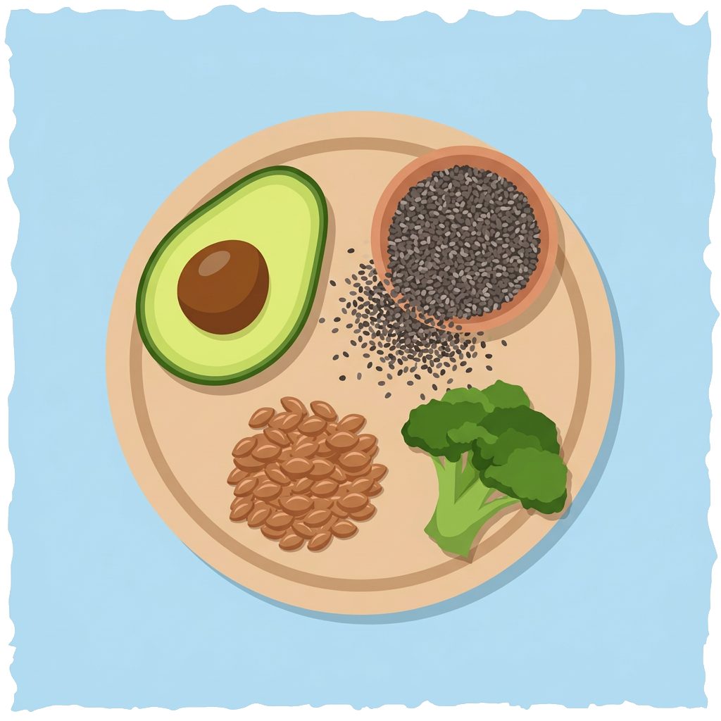 avocado half, chia seeds, flaxseeds and broccoli on cutting board